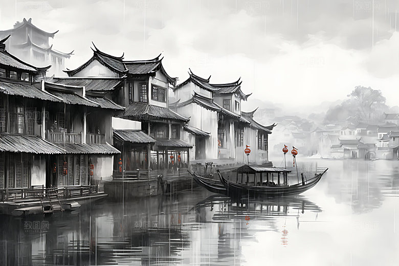 江南水乡小桥流水晕染国画