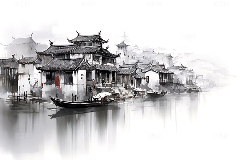江南水乡中国风小桥流水国画