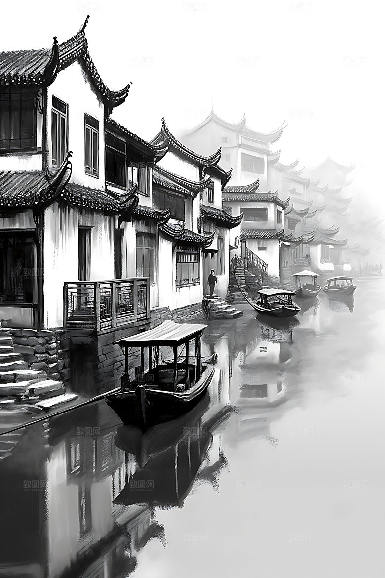 江南水乡晕染徽派建筑国画