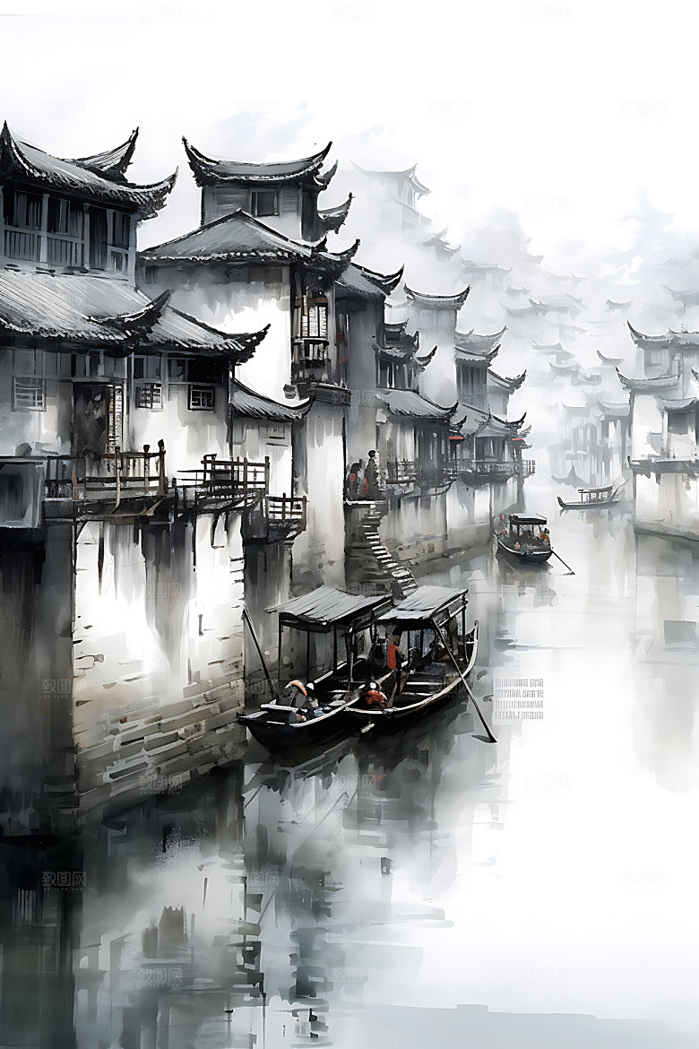 江南水乡晕染中国风国画