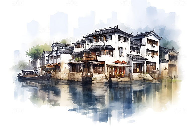 江南水乡水墨小桥流水国画