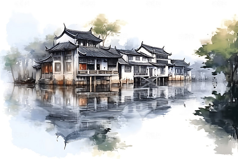 江南水乡水墨小桥流水国画