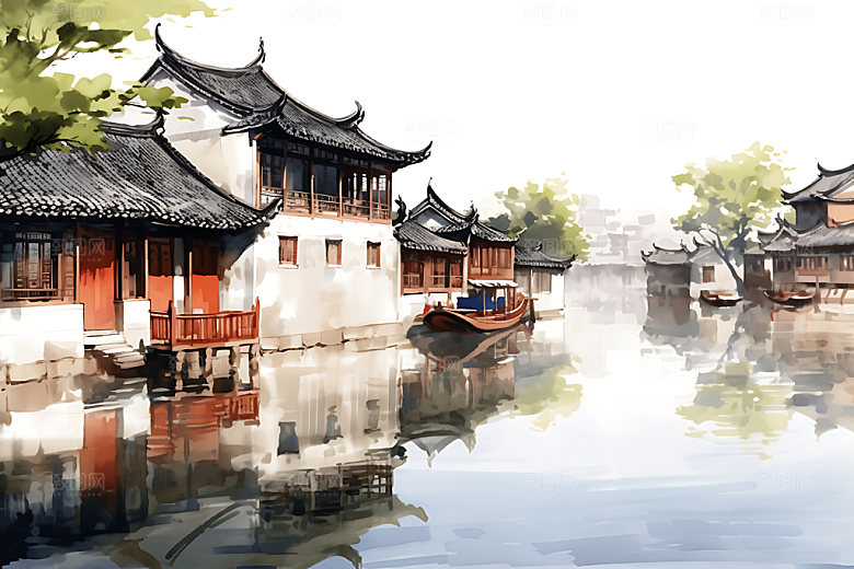 江南水乡中国风写意国画