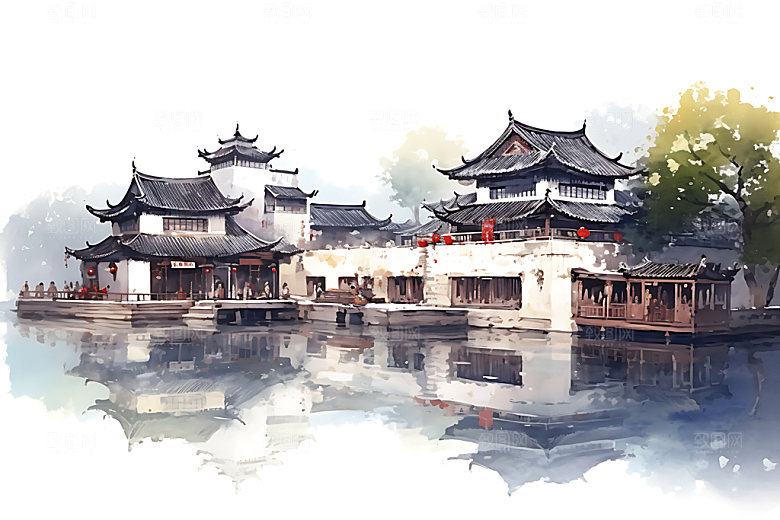 江南水乡写意晕染国画