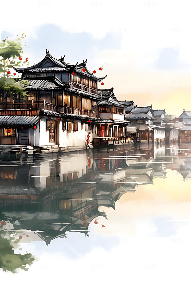 江南水乡徽派建筑写意国画