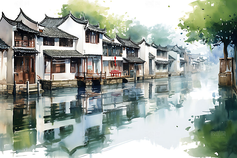 江南水乡徽派建筑晕染国画