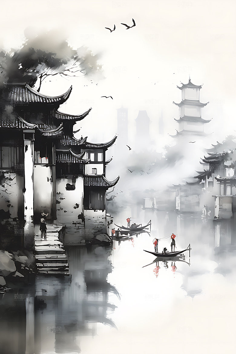 江南水乡水墨写意国画