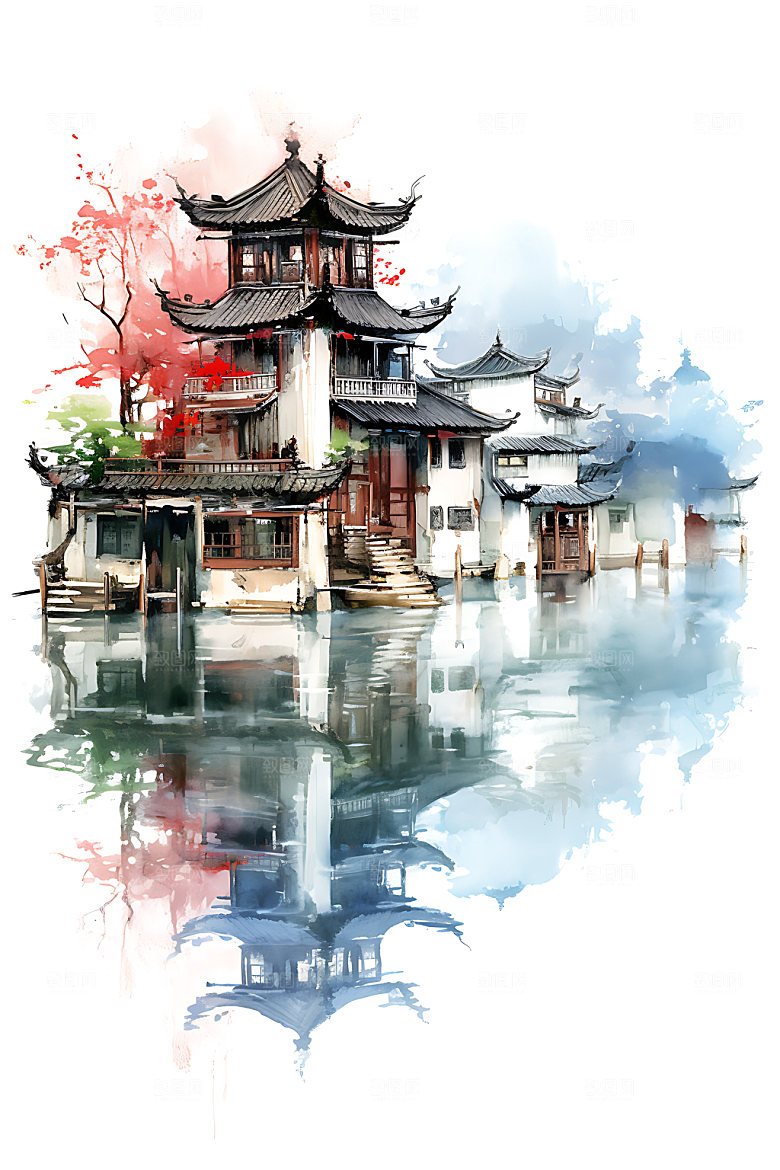 江南水乡晕染水墨国画