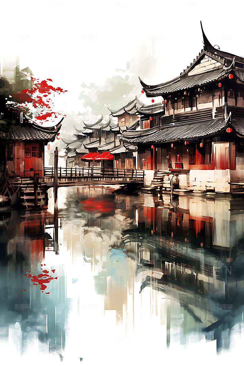 江南水乡徽派建筑中国风国画