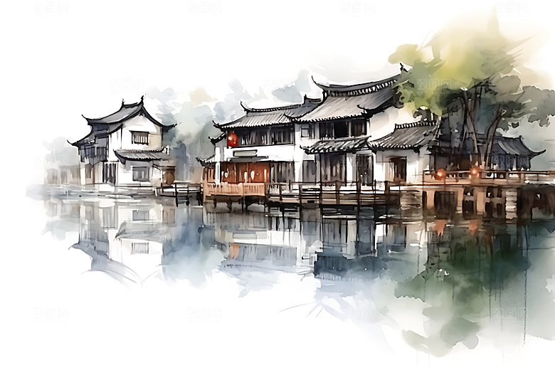 江南水乡水墨写意国画