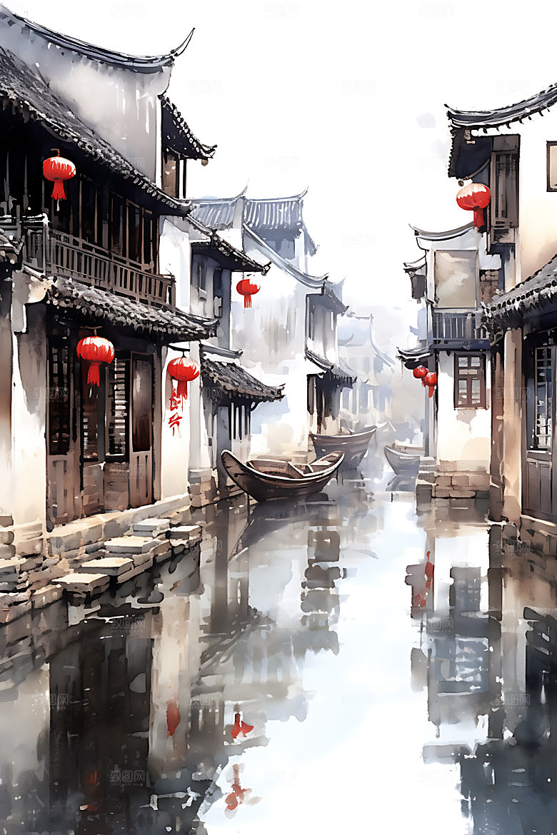 江南水乡水墨徽派建筑国画
