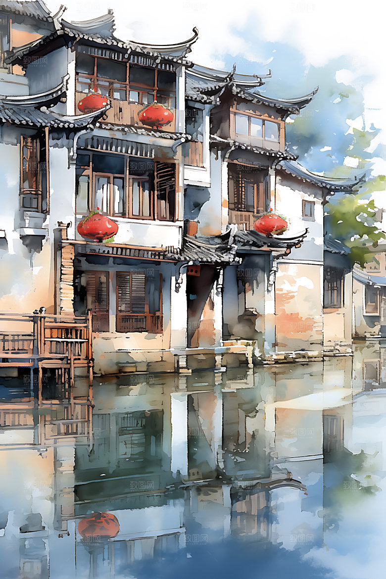 江南水乡徽派建筑晕染国画
