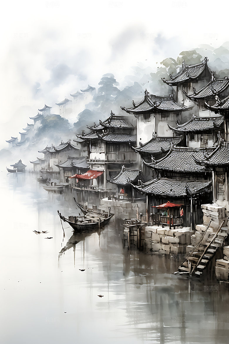 江南水乡中国风晕染国画