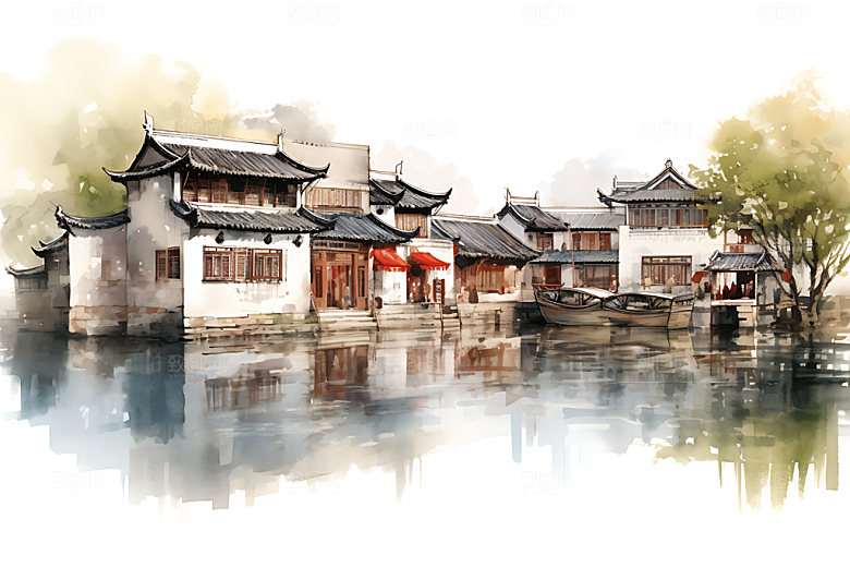 江南水乡中国风晕染国画