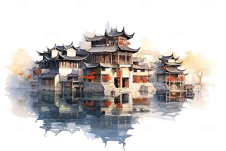 江南水乡晕染中国风国画