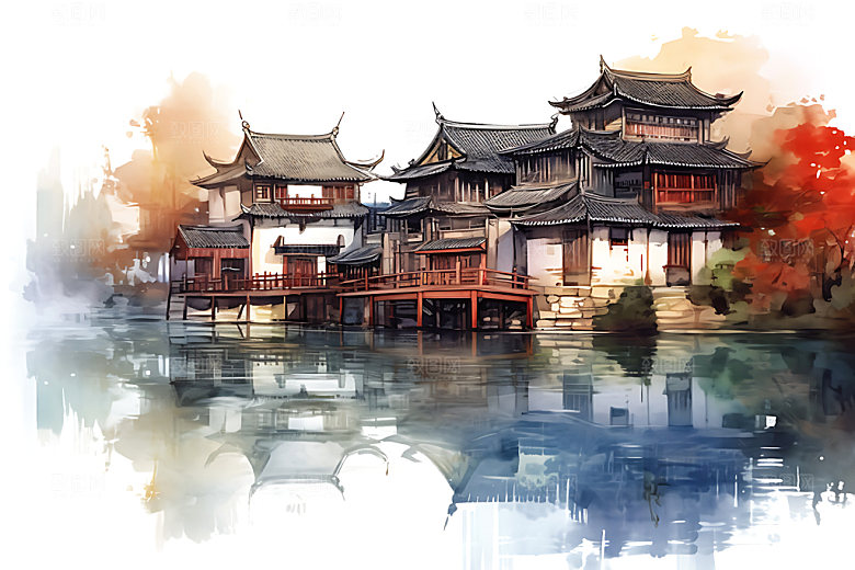 江南水乡写意水墨国画