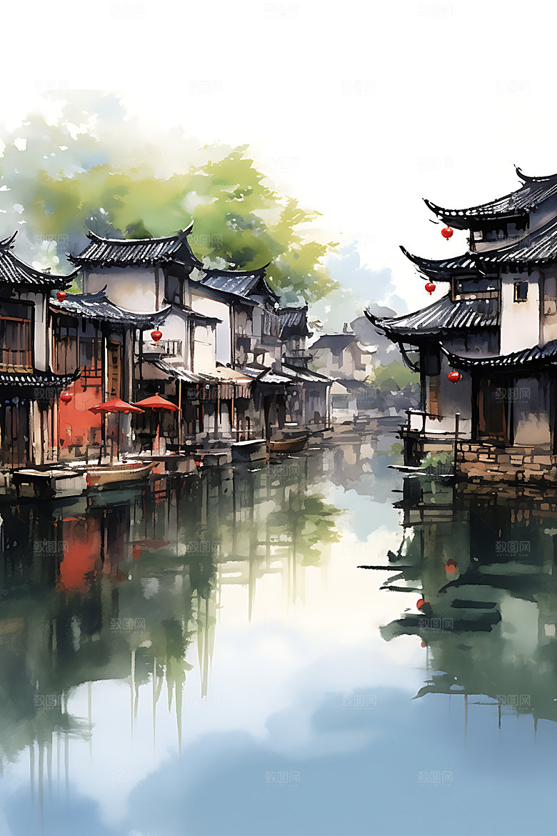 江南水乡中国风晕染国画