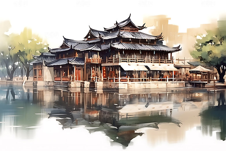 江南水乡小桥流水中国风国画