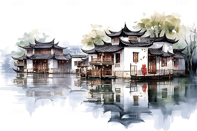 江南水乡水墨小桥流水国画