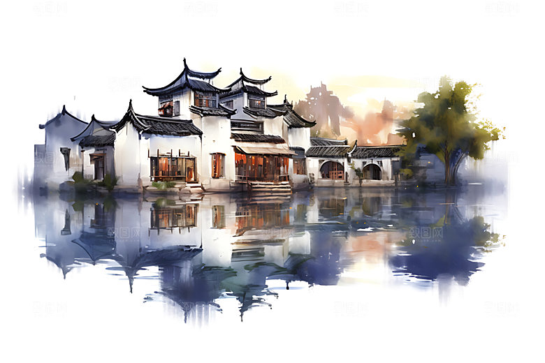 江南水乡水墨晕染国画