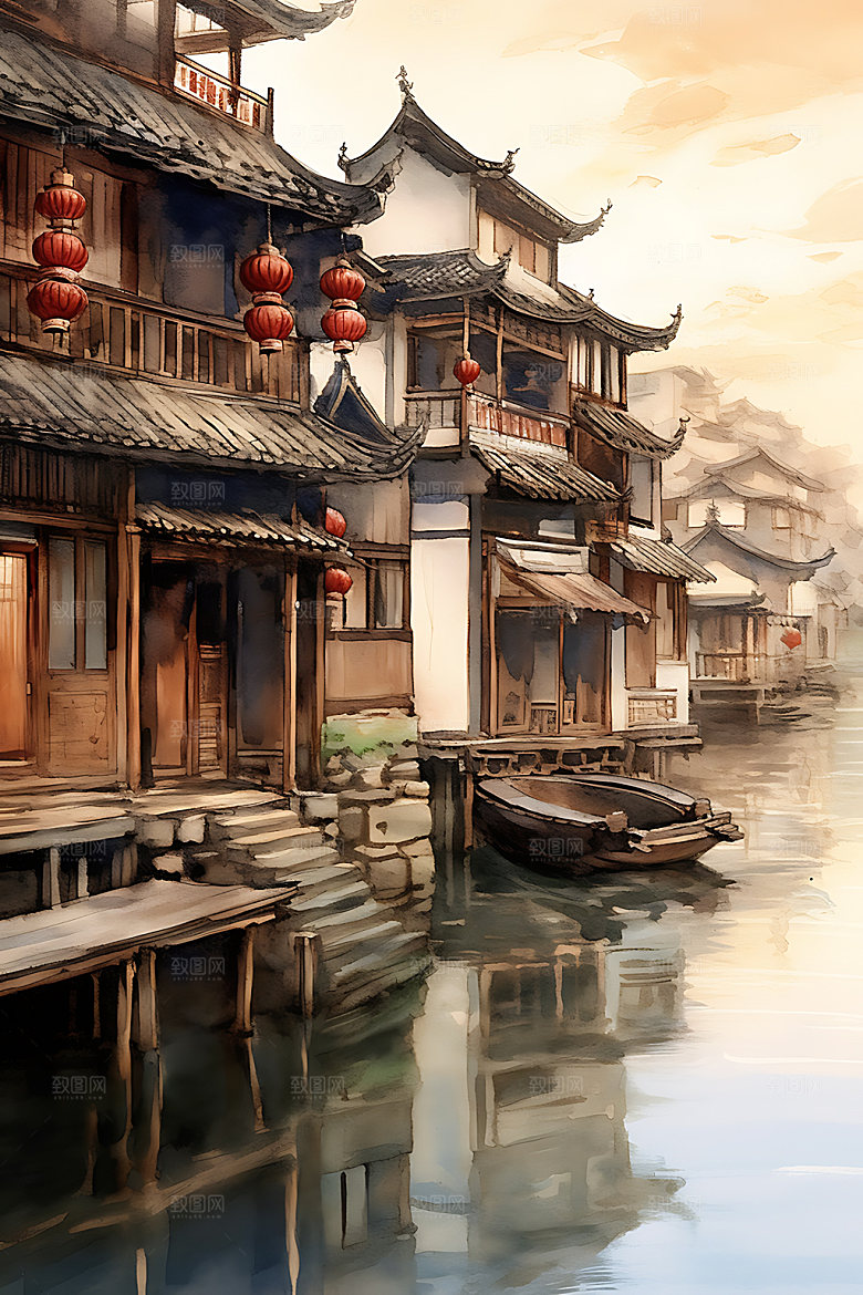 江南水乡中国风徽派建筑国画
