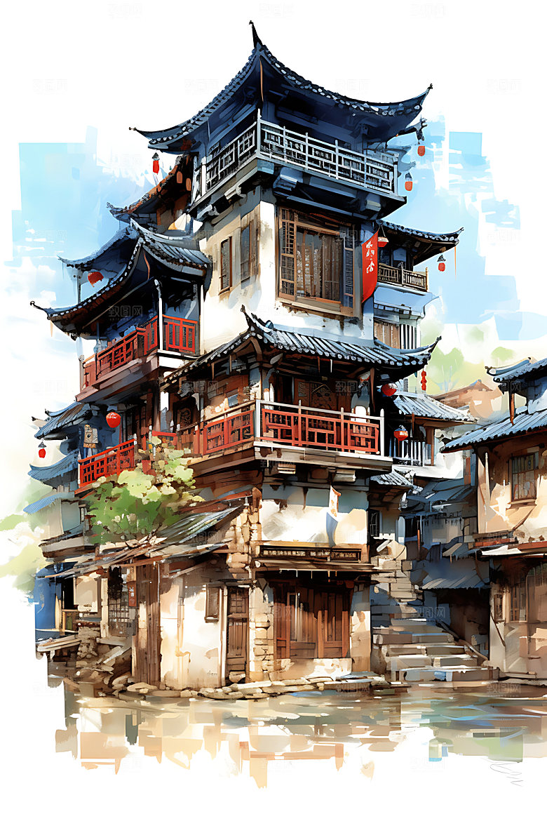 江南水乡中国风徽派建筑国画