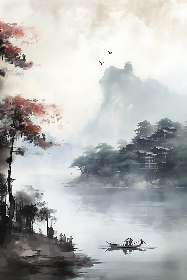 江南水乡水墨写意国画