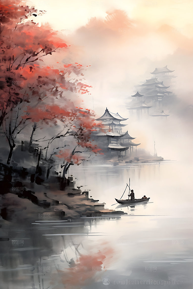 江南水乡徽派建筑晕染国画