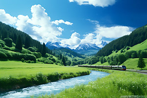 火车行驶高清山野摄影图