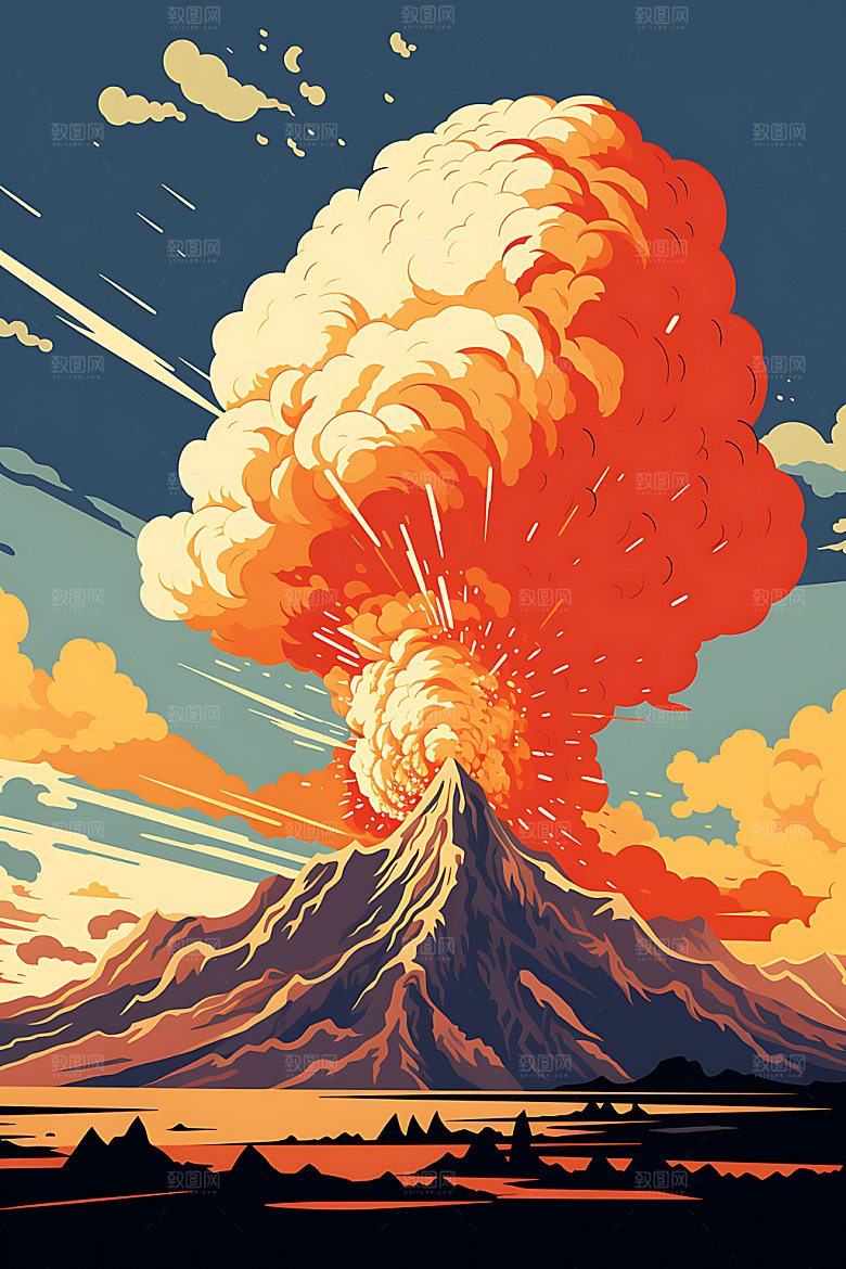 火山喷发爆发灾难扁平风插画