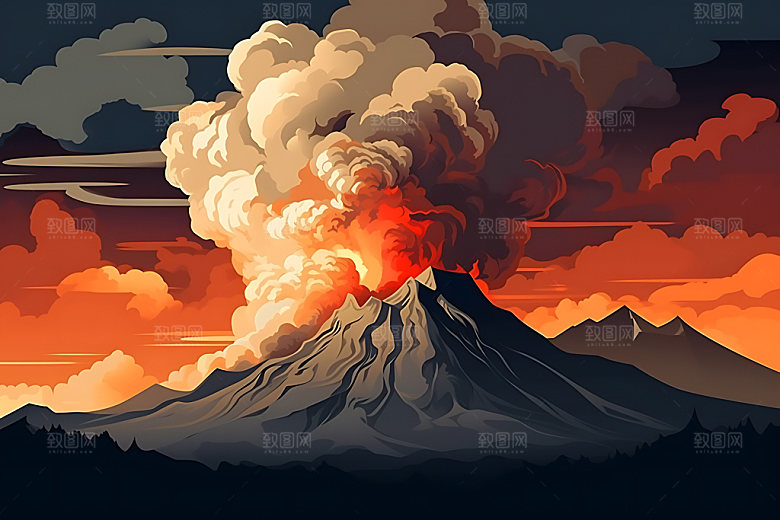 火山喷发灾难爆发扁平风插画