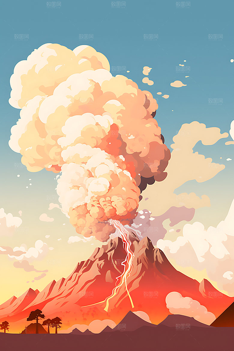 火山喷发爆发地质灾害扁平风插画