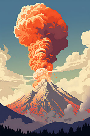 火山喷发岩浆喷射自然灾害扁平风插画
