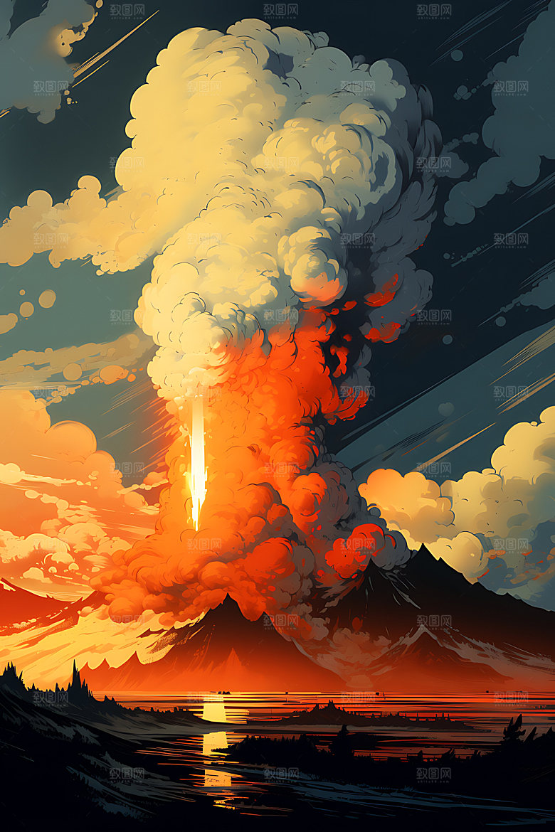 火山喷发岩浆喷射灾难扁平风插画