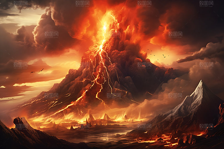 火山喷发爆发灾难扁平风插画
