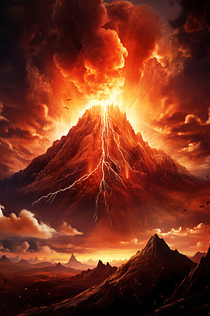 火山喷发岩浆喷射地质灾害扁平风插画
