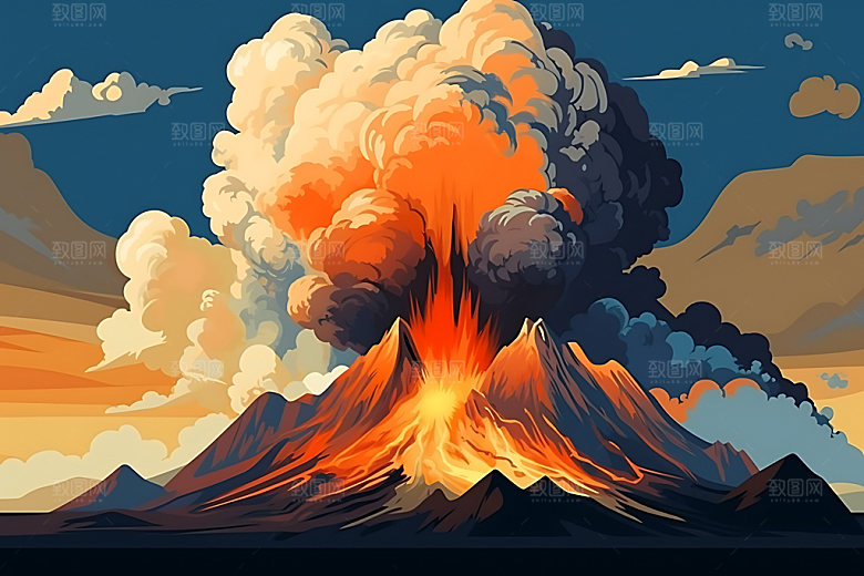 火山喷发灾难自然灾害扁平风插画