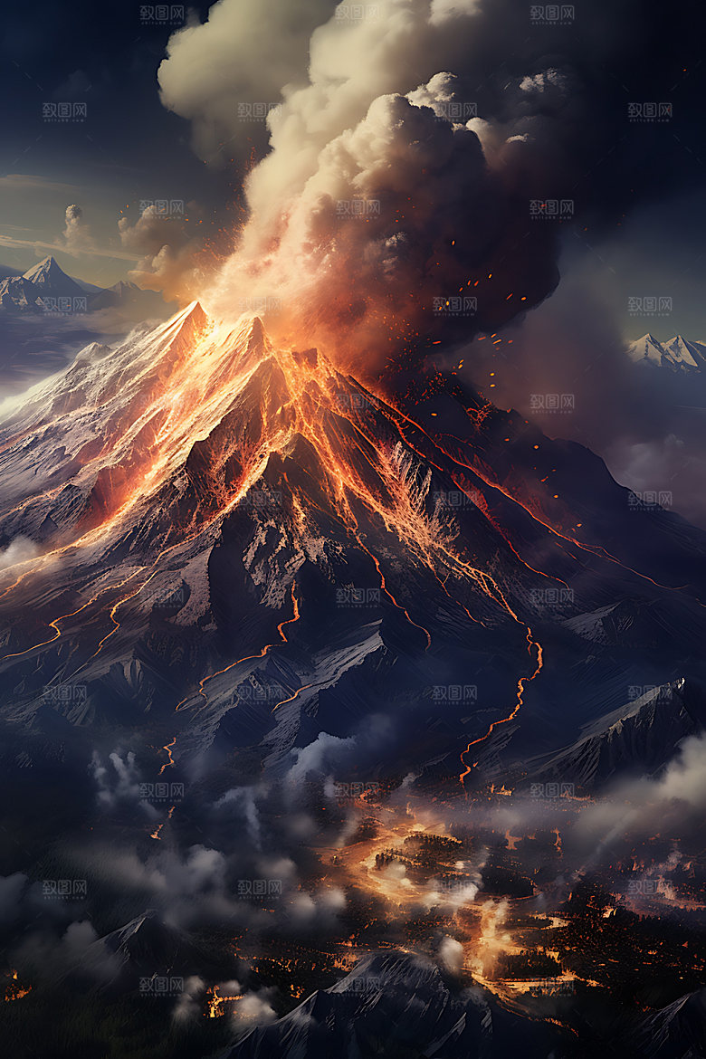 火山喷发地质灾害灾难扁平风插画