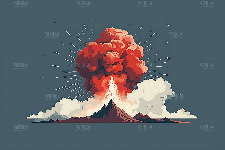 火山喷发地质灾害岩浆喷射扁平风插画