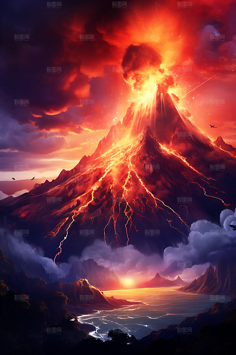 火山喷发地质灾害灾难扁平风插画