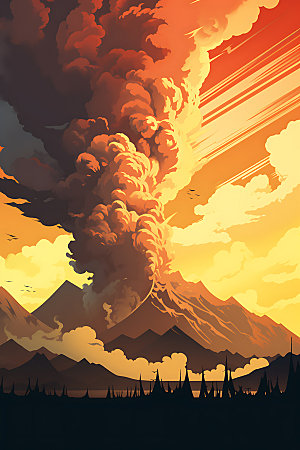 火山喷发地质灾害岩浆喷射扁平风插画
