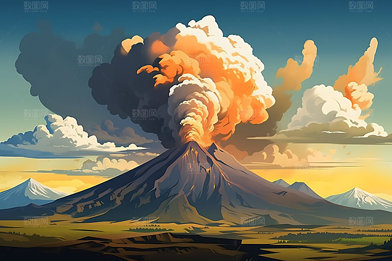 火山喷发爆发自然灾害扁平风插画