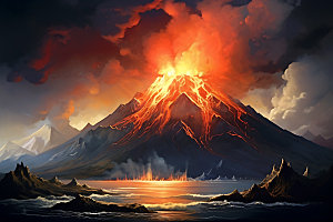 火山喷发岩浆喷射地质灾害扁平风插画