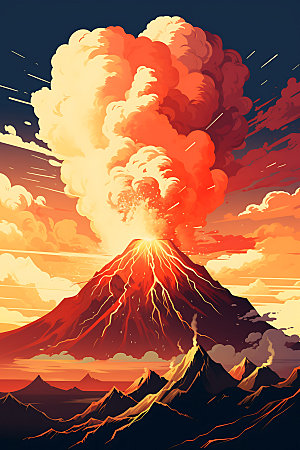 火山喷发岩浆喷射地质灾害扁平风插画