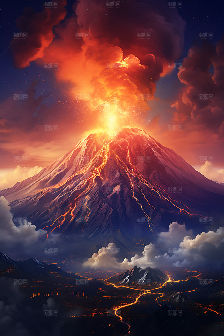 火山喷发地质灾害灾难扁平风插画