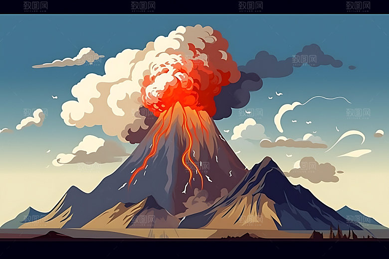 火山喷发地质灾害自然灾害扁平风插画