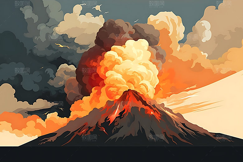 火山喷发自然灾害灾难扁平风插画