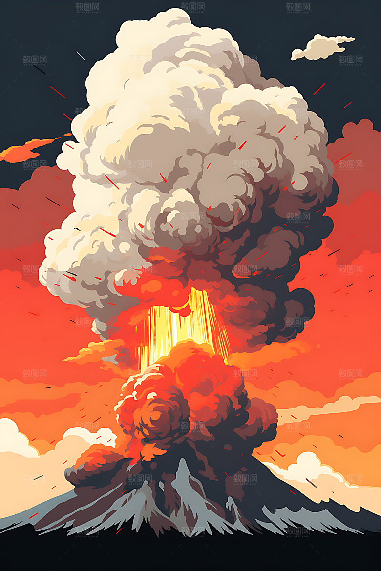 火山喷发爆发岩浆喷射扁平风插画