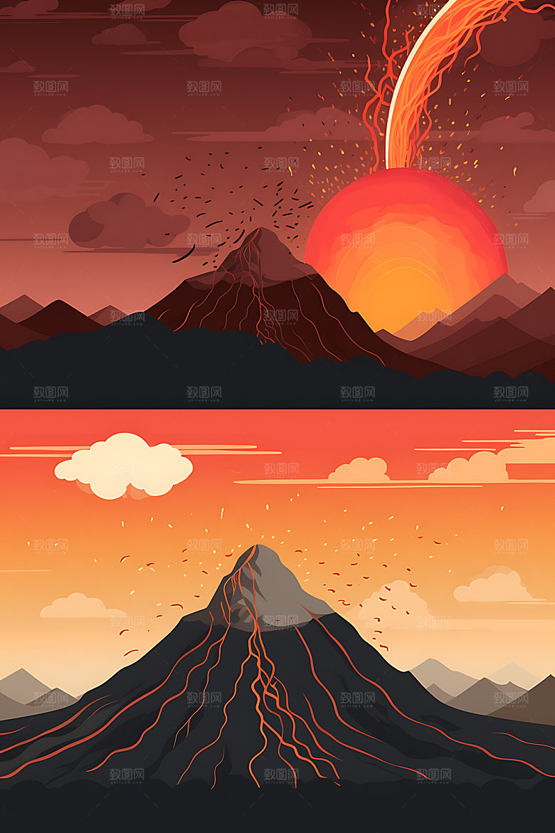 火山喷发爆发地质灾害扁平风插画