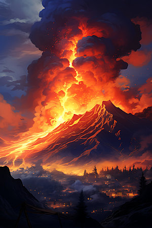 火山喷发岩浆喷射自然灾害扁平风插画